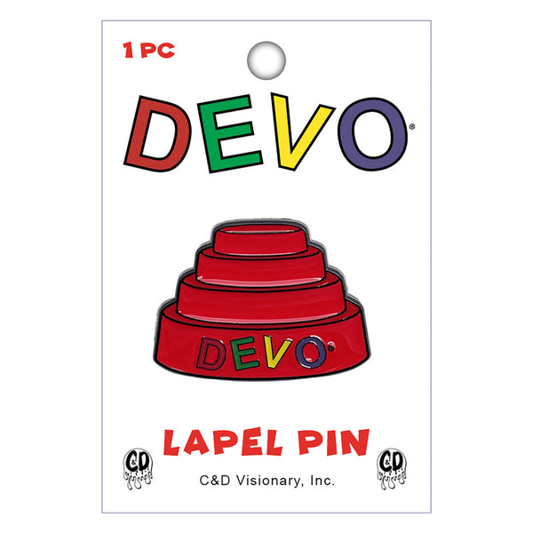enamel pin of DEVO red energy dome hat with red, green, yellow, and blue DEVO logo shown on backing card