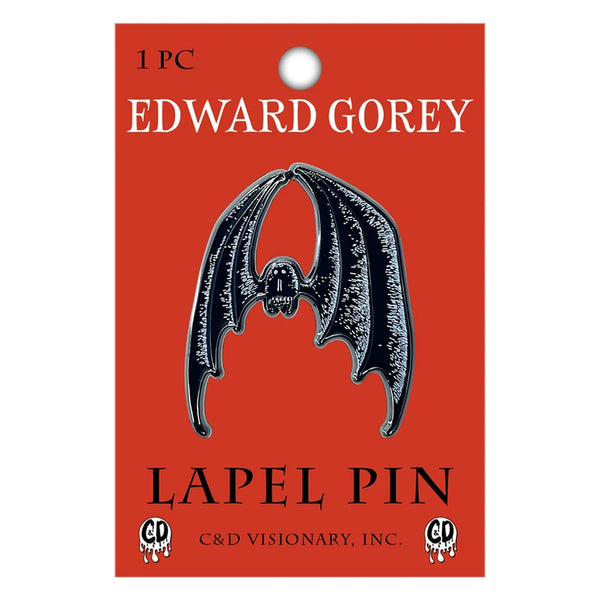 A gothic-style bat lapel pin displayed on its red retail backing card. The card features the text 'EDWARD GOREY' and 'LAPEL PIN' with a hanging hole at the top.