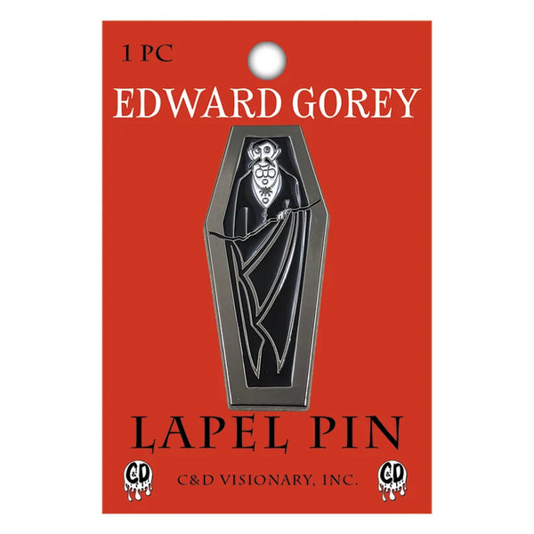 Edward Gorey Dracula coffin-shaped lapel pin on its red C&D Visionary, Inc. retail backing card.