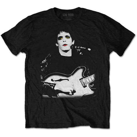 black t-shirt with white photo of Lou Reed from the cover of the album Transformer with yellow eyes and red lips