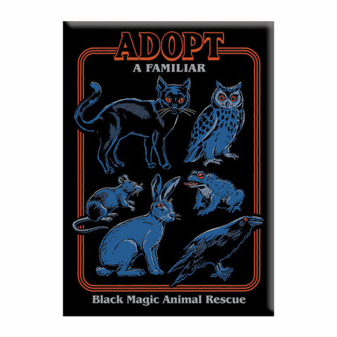 Steven Rhodes Sinister 70s "Adopt a Familiar: Black Magic Animal Rescue" illustrated rectangular refrigerator magnet picturing a black cat, owl, rat, rabbit, frog, and raven