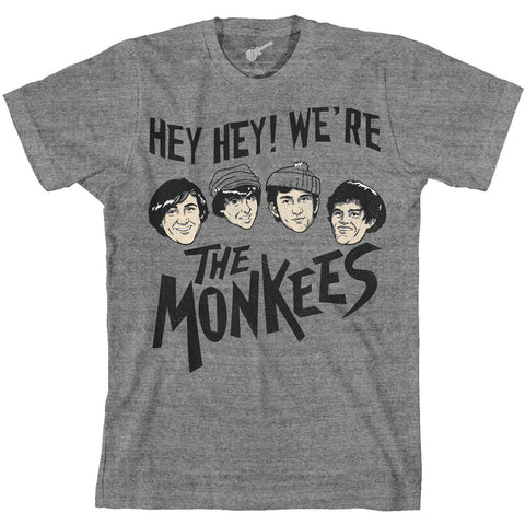 "Hey Hey! We're the Monkees" screenprint featuring the faces of Peter, Davy, Mike, and Micky on a heather grey soft-style cotton unisex/guy's fit t-shirt
