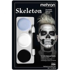 Makeup Palette containing 3 colors of Mehron's professional cream makeup to create the skeleton character pictured on the backer card packaging