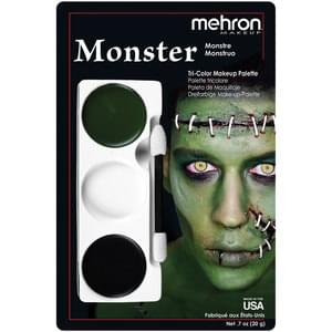 Makeup Palette containing 3 colors of Mehron's professional cream makeup to create the monster character pictured on the backer card packaging