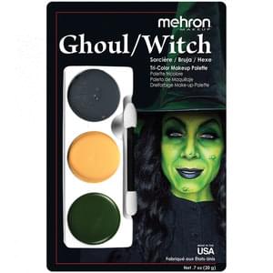 Makeup Palette containing 3 colors of Mehron's professional cream makeup to create the witch character pictured on the backer card packaging