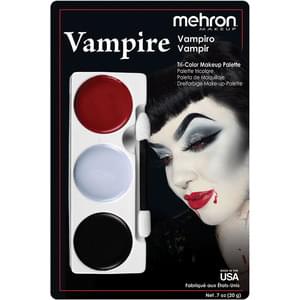Makeup Palette containing 3 colors of Mehron's professional cream makeup to create the vampire character pictured on the backer card packaging