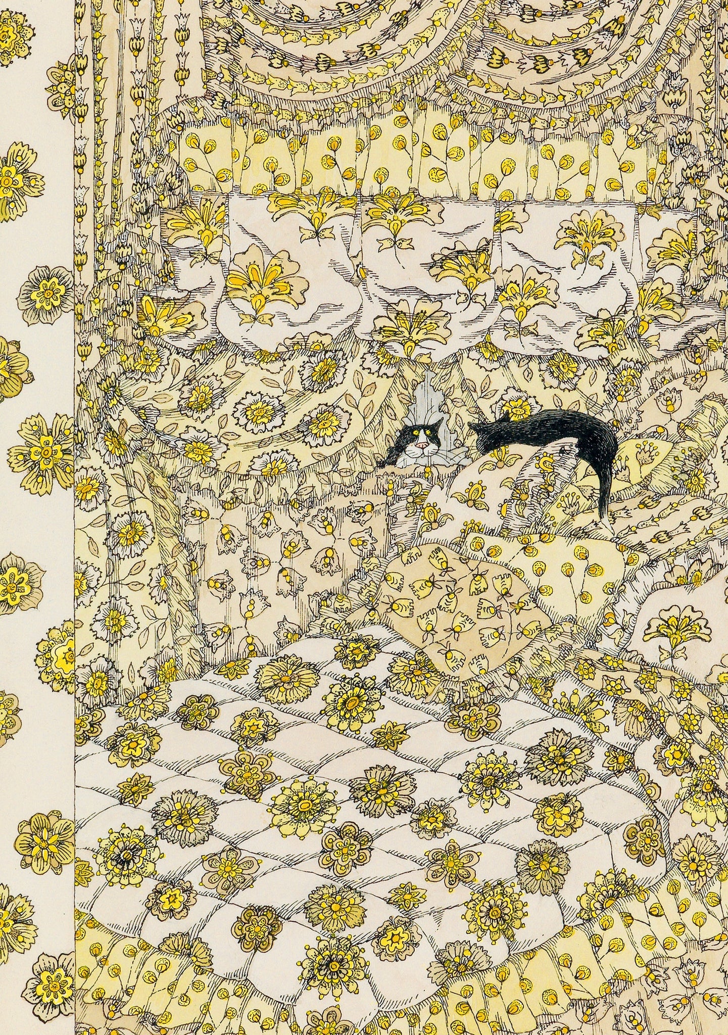 Rectangular note card with Edward Gorey illustration of two cats, one black and one tuxedo, nestled into the pillows at the top of a maximalist ruffled floral white and yellow bedspread