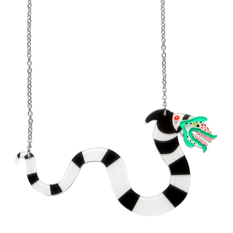 Black and white striped Beetlejuice Sandworm pendant on a silver metal chain 