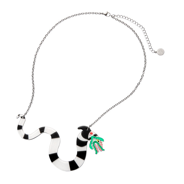 Black and white striped Beetlejuice Sandworm pendant on a silver metal chain