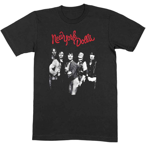 Black t shirt with white screenprinted group portrait of New York Dolls below their red logo
