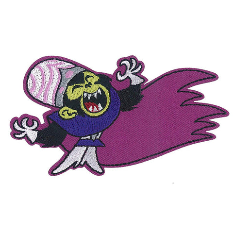 Twill embroidered patch of cartoon villain Mojo Jojo from tv show Powerpuff Girls with large purple streaming cape laughing maniacally 