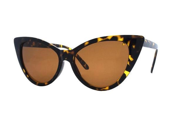 Cat-eye sunglasses with tortoiseshell frame and brown lenses on a white background