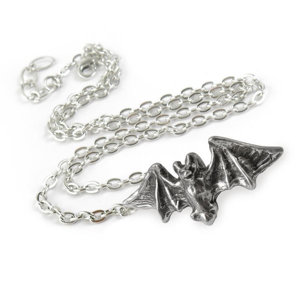 Antiqued Fine English Pewter pendant of bat with outstretched wings on a linked chain. Shown with chain