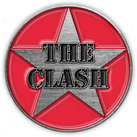 round military-style logo of The Clash as a die-cast silver metal pin with shiny red and black enameled details