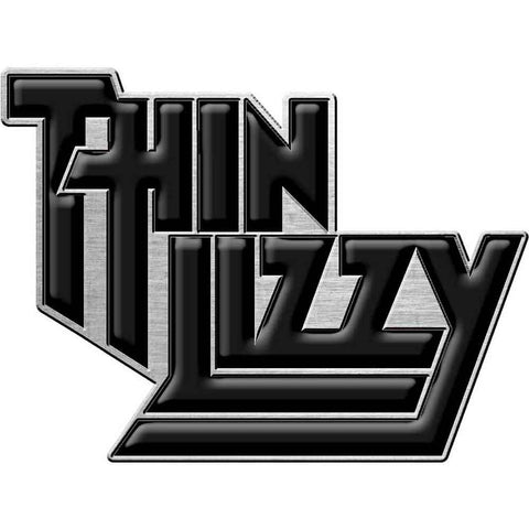 Thin Lizzy’s logo as a die-cast matte silver metal pin with shiny black enameled detail