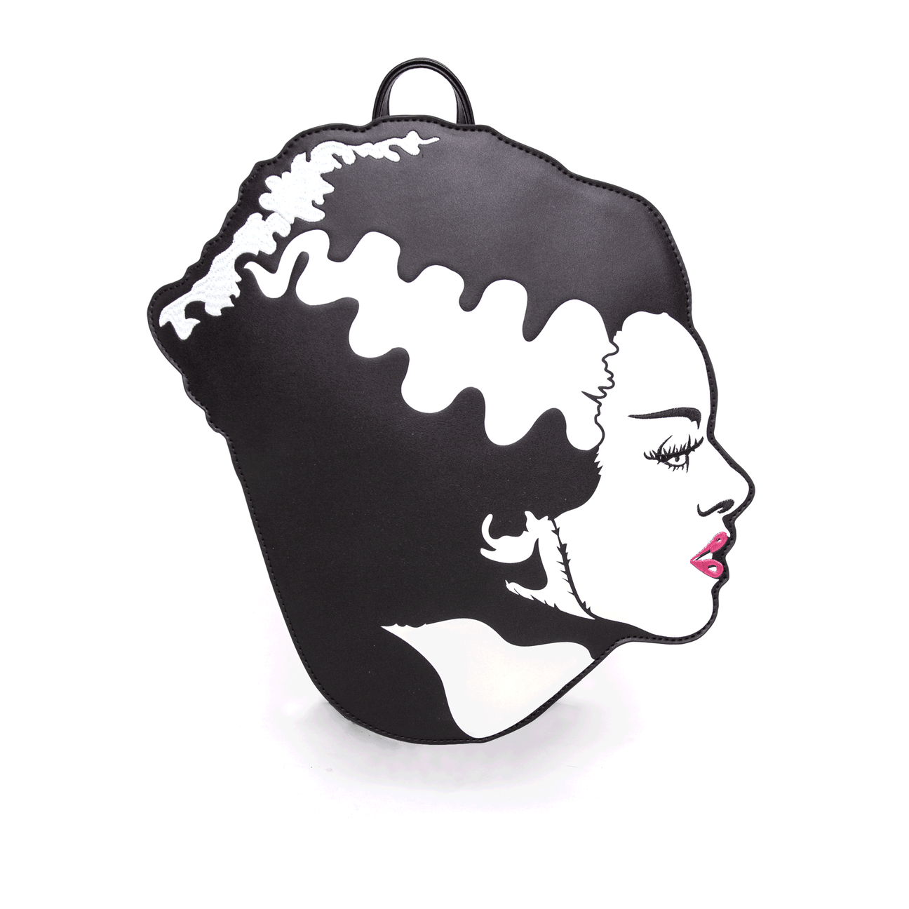 Black faux leather backpack with design of Bride of Frankenstein side profile printed with embroidered lips, facial features, and hair detail. Shown from front