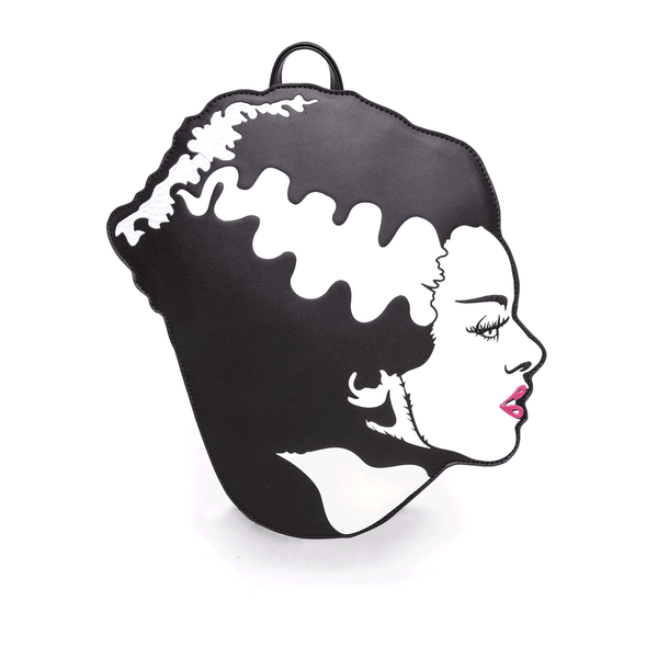 Black faux leather backpack with design of Bride of Frankenstein side profile printed with embroidered lips, facial features, and hair detail. Shown from front