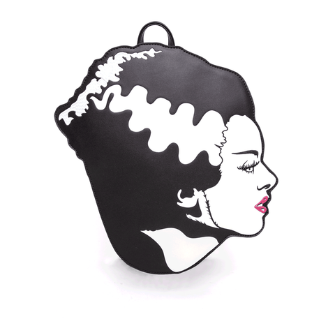 Black faux leather backpack with design of Bride of Frankenstein side profile printed with embroidered lips, facial features, and hair detail. Shown from front