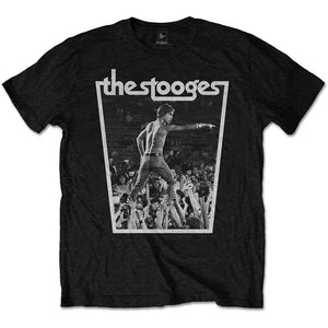 black t-shirt with grey photograph of The Stooges playing live and Iggy Pop walking on top of the crowd