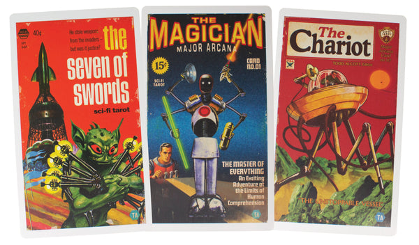 Science fiction themed tarot deck illustrated by Todd Alcott- seven of swords, the magician, and the chariot shown 