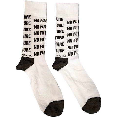 pair of white unisex crew socks with an all-over black knit in pattern based on a sticker designed by Jamie Reid for the Sex Pistols in 1977- “NO FUTURE”