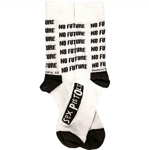 pair of white unisex crew socks with an all-over black knit in pattern based on a sticker designed by Jamie Reid for the Sex Pistols in 1977- “NO FUTURE”