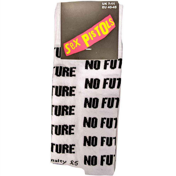 pair of white unisex crew socks with an all-over black knit in pattern based on a sticker designed by Jamie Reid for the Sex Pistols in 1977- “NO FUTURE.” shown with "Sex Pistols" logo illustrated header packaging