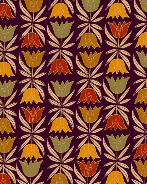 burgundy background with repeat tessellated burnt orange, yellow, green, and cream stylized tulip pattern