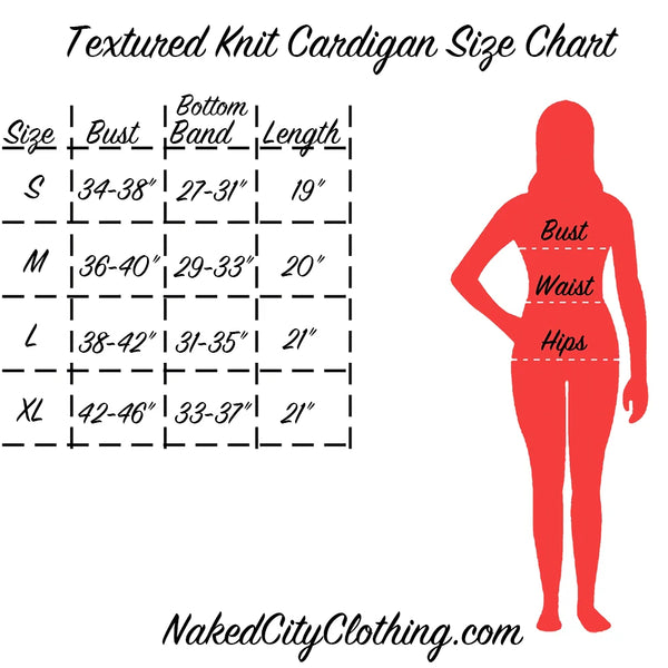 Textured knit cardigan size chart info-graphic with measurements and a red silhouette of a person 