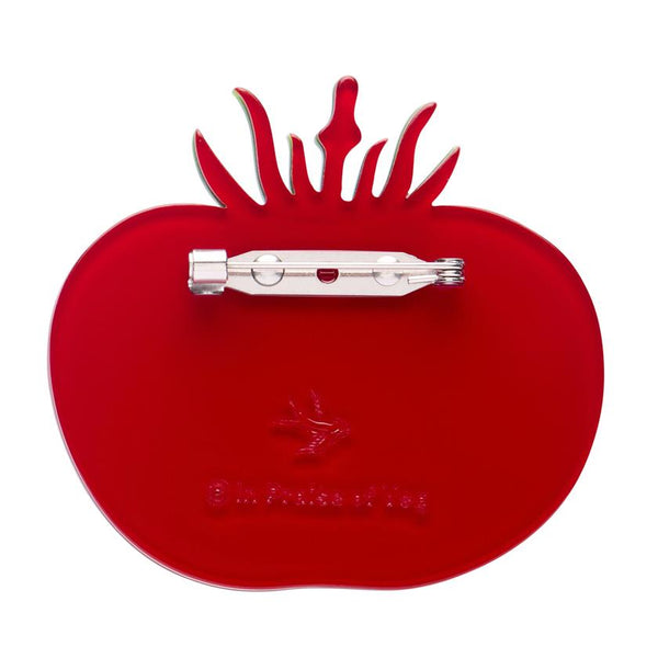 red and layered acrylic resin tomato slice shaped brooch, showing back view with silver metal pin clasp fastener