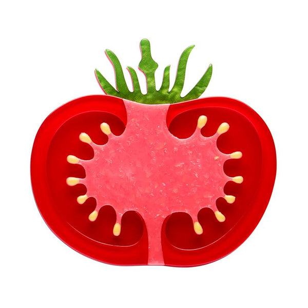 red and green layered acrylic resin tomato slice shaped brooch