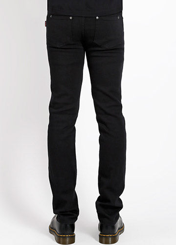 guy's sizing five pocket black stretch denim jeans, shown waist down back view on a model