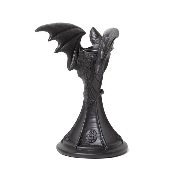 Black resin taper style candleholder in the shape of a highly detailed vampire bat with open mouth and outstretched wings. Shown from the back