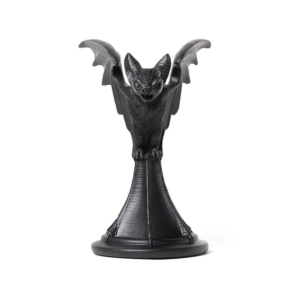 Black resin taper style candleholder in the shape of a highly detailed vampire bat with open mouth and outstretched wings. Shown from the front