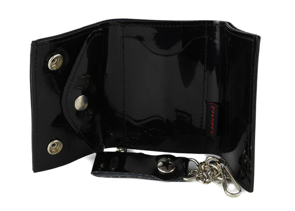 Black patent finish faux leather tri-fold chain wallet with double snap closures decorated with black stars. Shown open to display card holder slots and snap closure coin purse