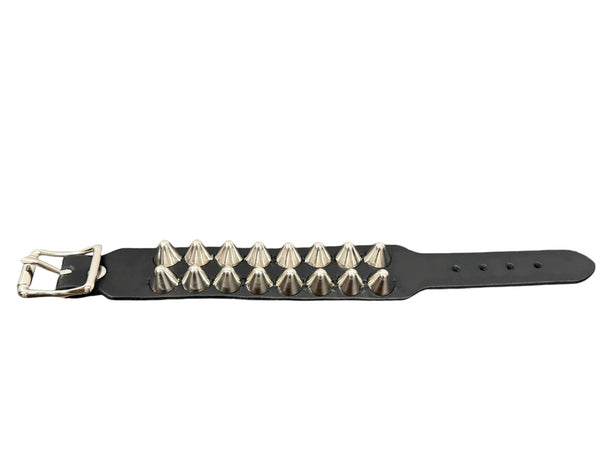 2 row English cone studded black leather cuff with silver metal buckle. Shown closed 2 row English cone studded black leather cuff with silver metal buckle. Shown flat