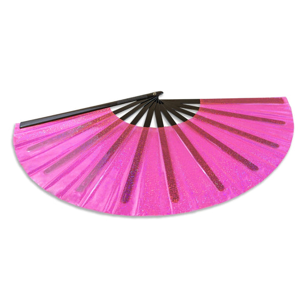 oversized transparent hot pink glitter vinyl hand fan with black plastic ribs shown open from side