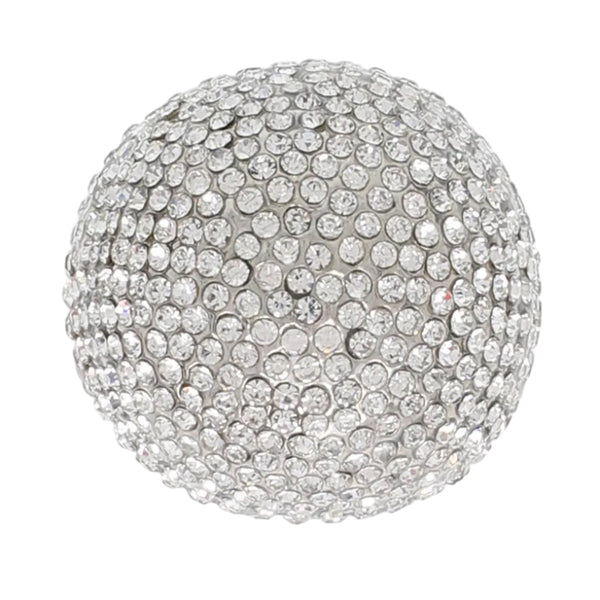 Silver metal cocktail stretch ring with large round bauble covered in clear rhinestone style jewels. Shown from front