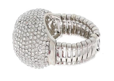 Silver metal cocktail stretch ring with large round bauble covered in clear rhinestone style jewels. Shown from side