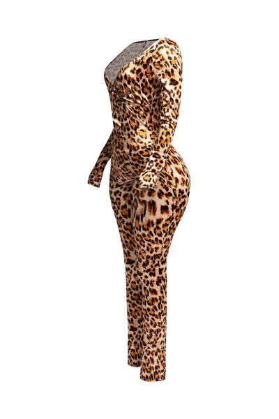 Natural brown leopard print pattern brushed fiber knit catsuit with long sleeves, thumb holes, and v-neck surplice bodice. Shown from side