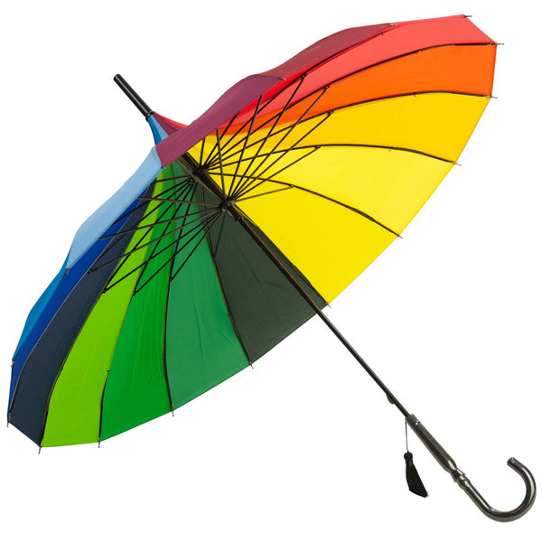 Pagoda style umbrella with a rainbow striped pattern. Handle is black with a matching fabric tassel attached. Shown open from the inside
