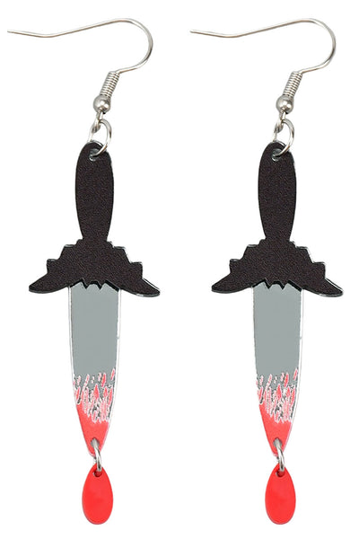 Acrylic dangle earrings in the shape of bat-shaped handled mirrored dagger with blood drop 