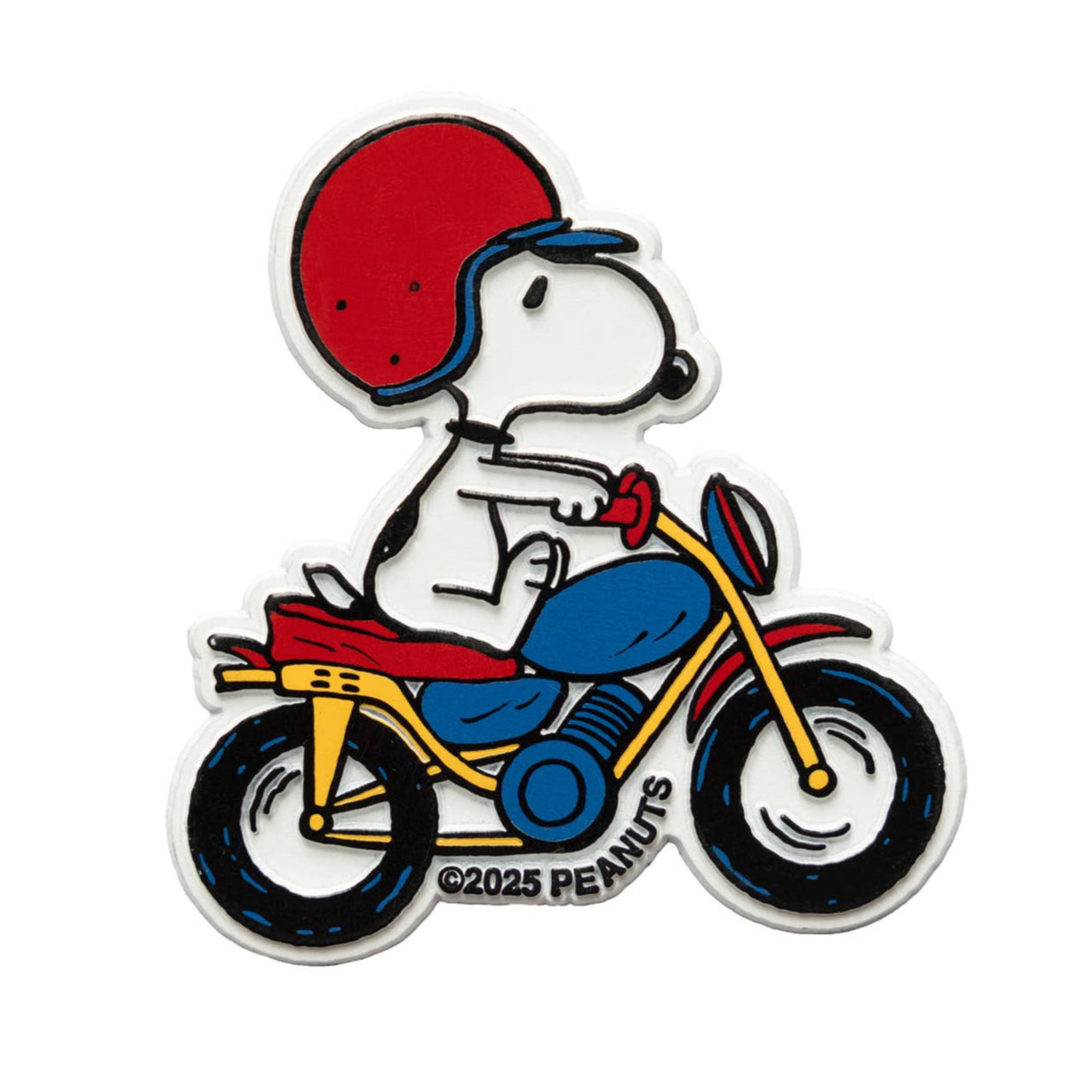 moulded rubber magnet of Snoopy wearing a red helmet and riding a blue, yellow, red, and black motorbike