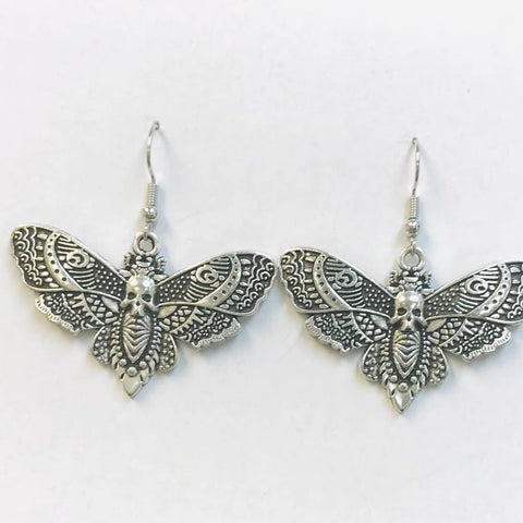 Deaths’s Head Moth silver metal dangle earrings 