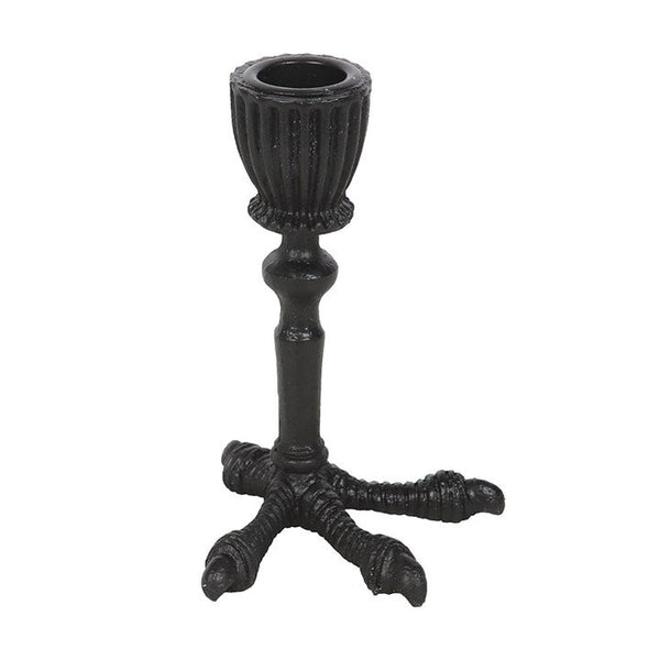 black metal with semi-gloss finish taper candleholder in the shape of a raven claw. Shown from front