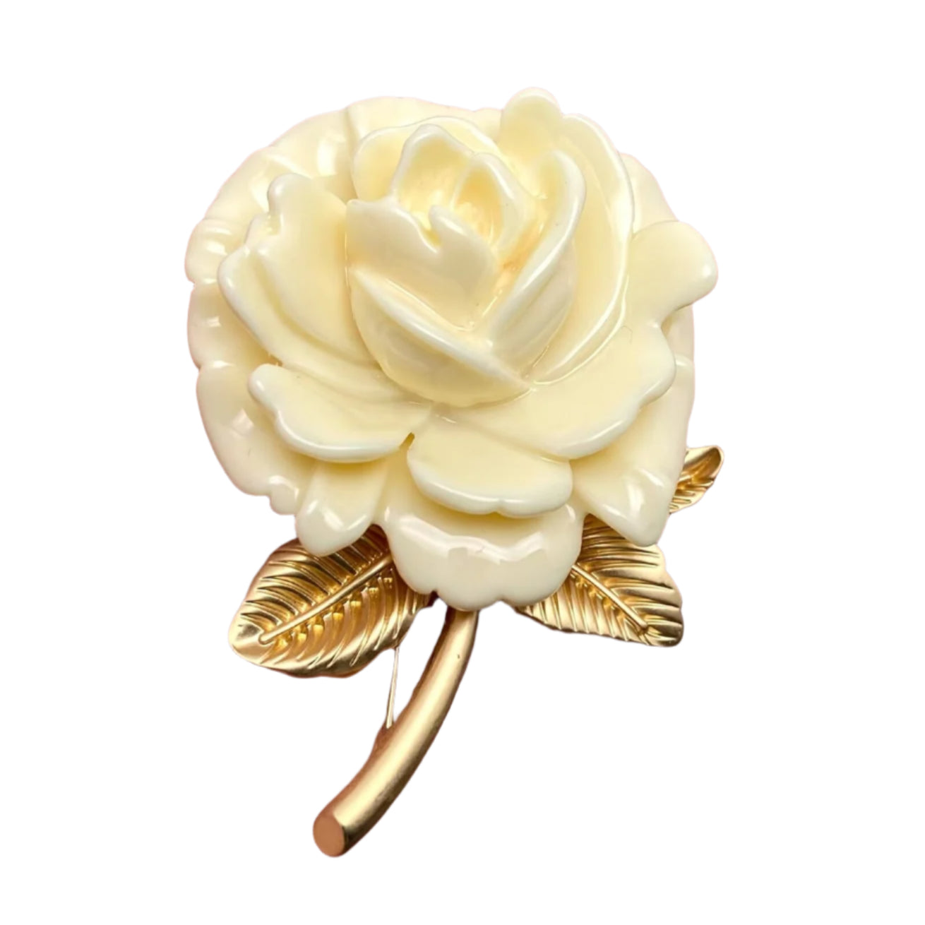 cream colored rose brooch with large enameled petals and matte gold metal stem and leaves. Shown from front