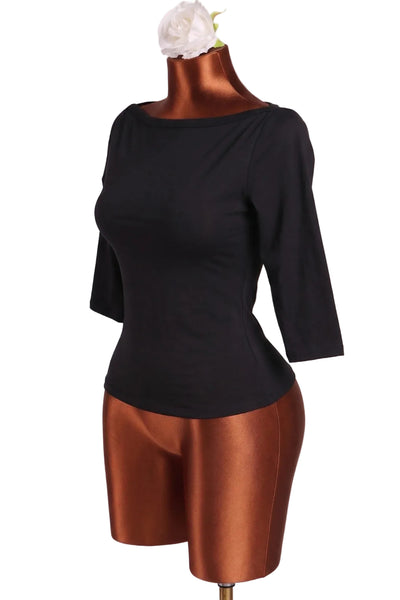 black brushed fiber knit top with boat neck and three quarter sleeves. Shown from side on dress form