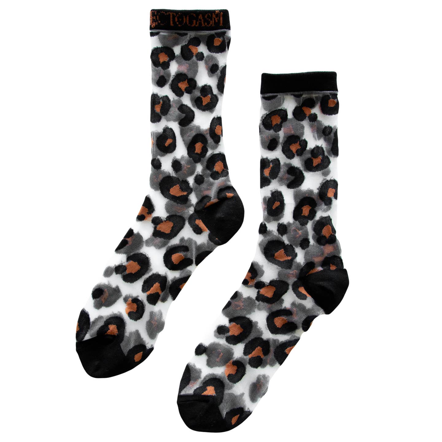 A pair of crew socks with a black and brown leopard print design & a black cuff, toe, and heel and the Ectogasm logo woven onto the bottom of each sole