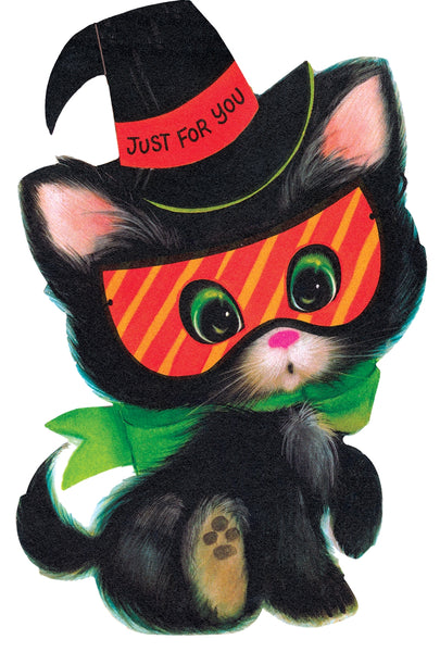 A cute cartoon-style black kitten dressed in Halloween costume accessories, including a black witch hat with a red band reading 'JUST FOR YOU', red-and-orange striped mask, and a green bow, on a plain white background.