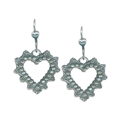 Silver metal lever back dangle earrings with a lace style heart charm